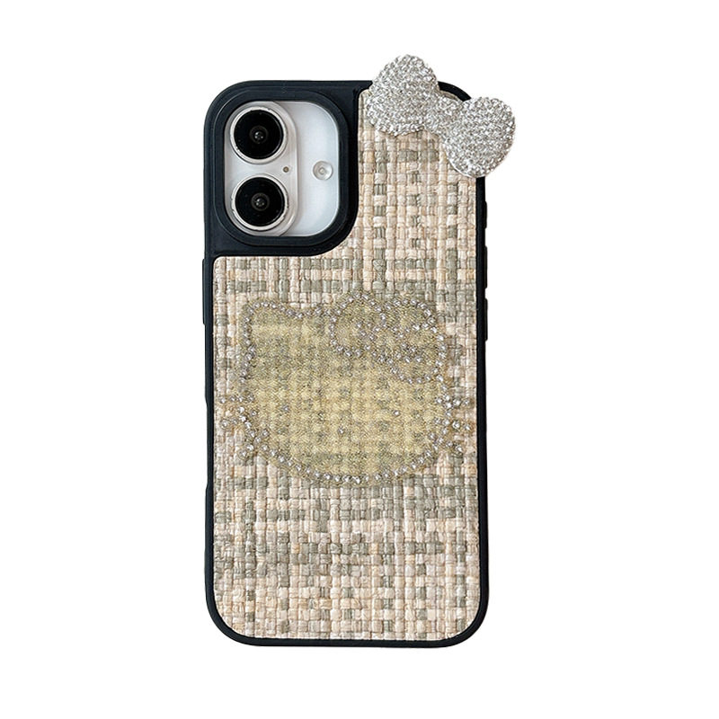 水钻KT猫手机壳适用苹果17pro皮纹iPhone18promax领结15plus韩系ins风卡通16女款13防摔14皮质保护套蝴蝶结