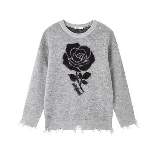 三福套头毛衣2026春季玫瑰花刺绣宽松圆领破洞灰色上衣女装515673