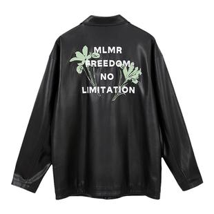 MLMR男装秋冬新款复古帅气高级立体刺绣字母PU皮夹克外套男女同款