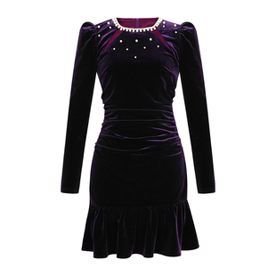 紫色纯欲风气质女神丝绒连衣裙法式宴会落落大方优雅荷叶边短裙女