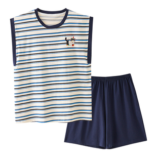 芬腾可安睡衣女款2026新款夏季纯棉带胸垫无袖背心条纹家居服夏天