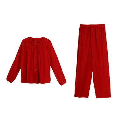 朵朵可可纯棉红色新中式圆领睡衣