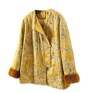 新中式国风2025冬季新款袖口水貂毛亮片绣花棉麻鹅绒皮草羽绒服