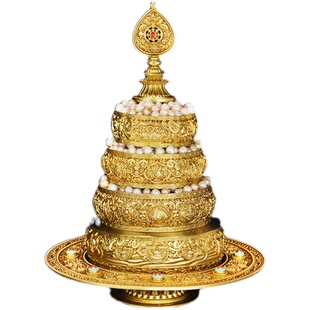 慧宝藏式曼扎盘黄铜三十七供雕花金色庄严家用带宝石曼茶罗供修盘