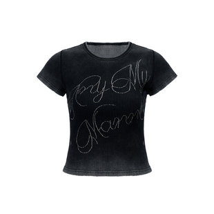 Bettychow 洗水渐变酷黑色水钻螺纹T恤春夏棉质时髦美式合身上衣