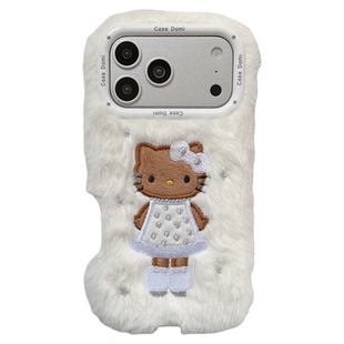 jze 秋冬可爱雪白毛绒茸黑皮kt猫适用苹果17ProMax手机壳iphone15新款16pro女13带挂绳15pro可爱14防摔保护套