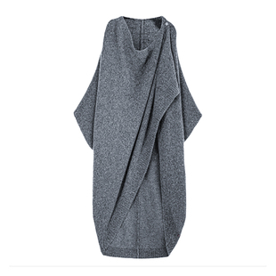 易梦玲同款灰色针织开衫女冬季斗篷披肩慵懒风宽松中长款毛衣外套