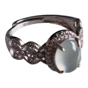 缅甸天然A货翡翠蛋面冰种白冰起光起荧戒指S925银锆石镶嵌活扣