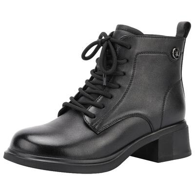 真皮粗跟时尚妈妈黑色真皮短靴