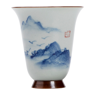 青花手绘陶瓷闻香杯复古单杯功夫茶具喝茶杯子主人杯品茗杯礼盒装