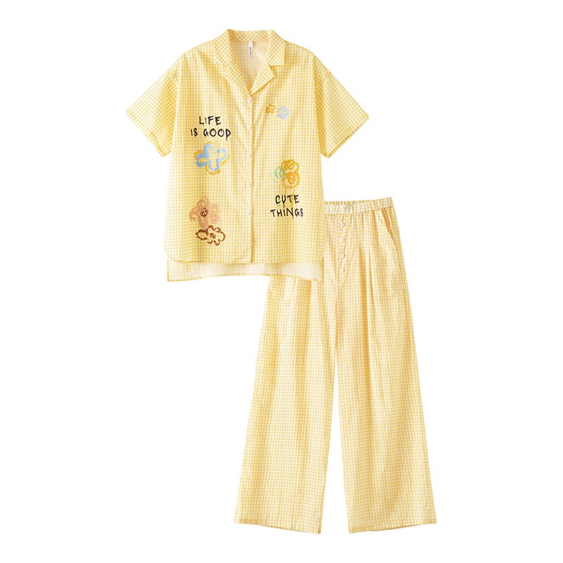 安之伴夏季纯棉格子睡衣女
