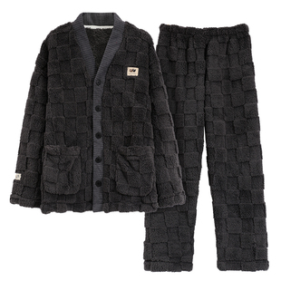 秋冬季男士珊瑚绒睡衣套装法兰绒加绒加厚家居服和服春天青少年