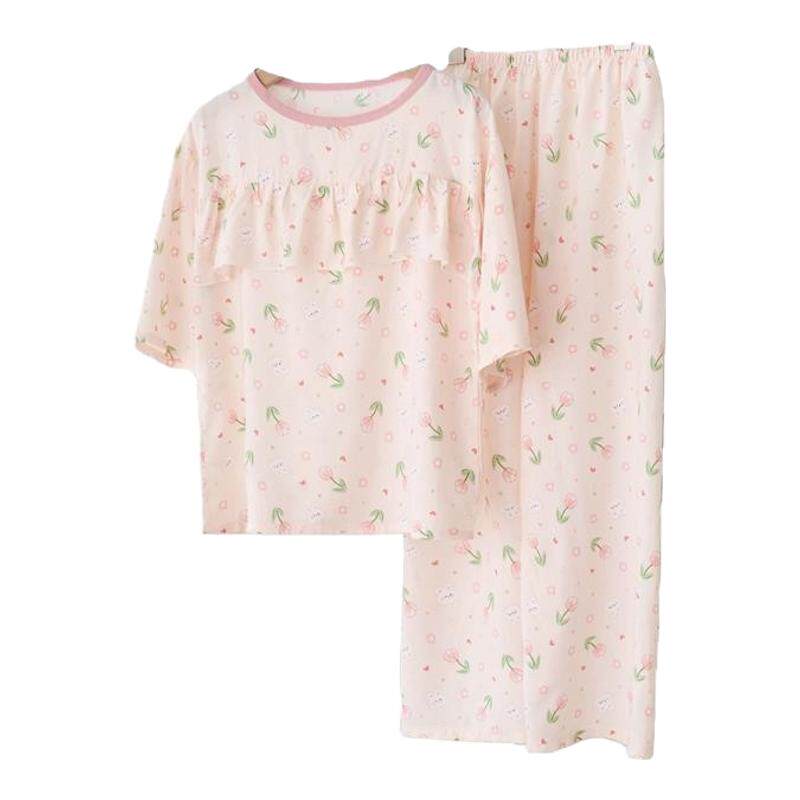 防凸点儿童睡衣女孩女童棉绸中袖空调服夏天薄款绵绸家居服套装