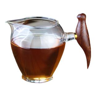 高颜值实木喜鹊把手公道杯 耐热玻璃茶海分茶器功夫茶具350ml公杯