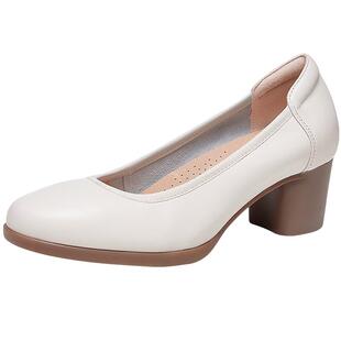 骆驼高跟鞋女2026新款通勤面试空姐工作鞋真皮小皮鞋黑色粗跟单鞋