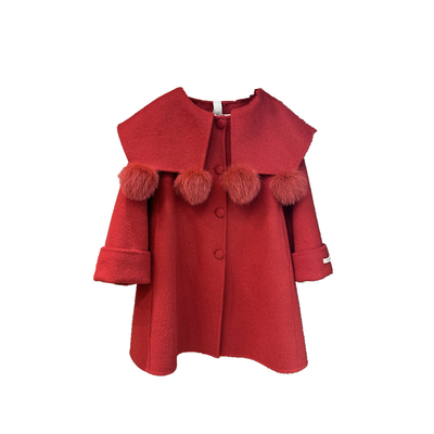 儿童双面羊绒大披肩毛球子新年红