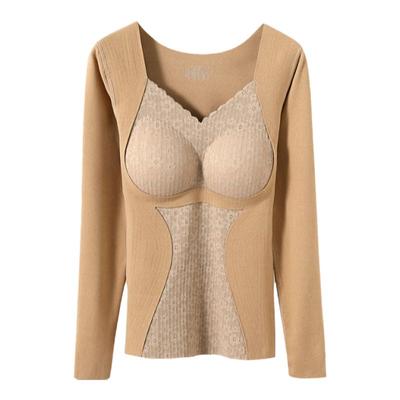 磨毛保暖内衣女V领带胸垫免文胸