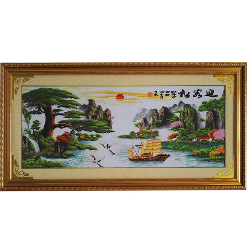 实木装裱带框架十字绣成品机绣客厅迎客松风景画乔迁开业送礼现货