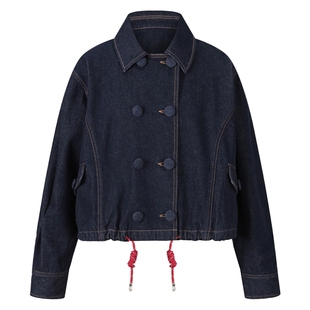 HERLIAN2025年秋季新品黑红格纹拼接抽绳可调节下摆设计牛仔外套