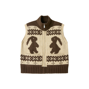 【月兔萌语】Uena卡其色费尔岛兔子花纹立领绵羊毛针织开衫马甲女