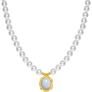 周六福珍珠项链女链坠贝珠S925银仿欧泊复古送女友本命年礼物