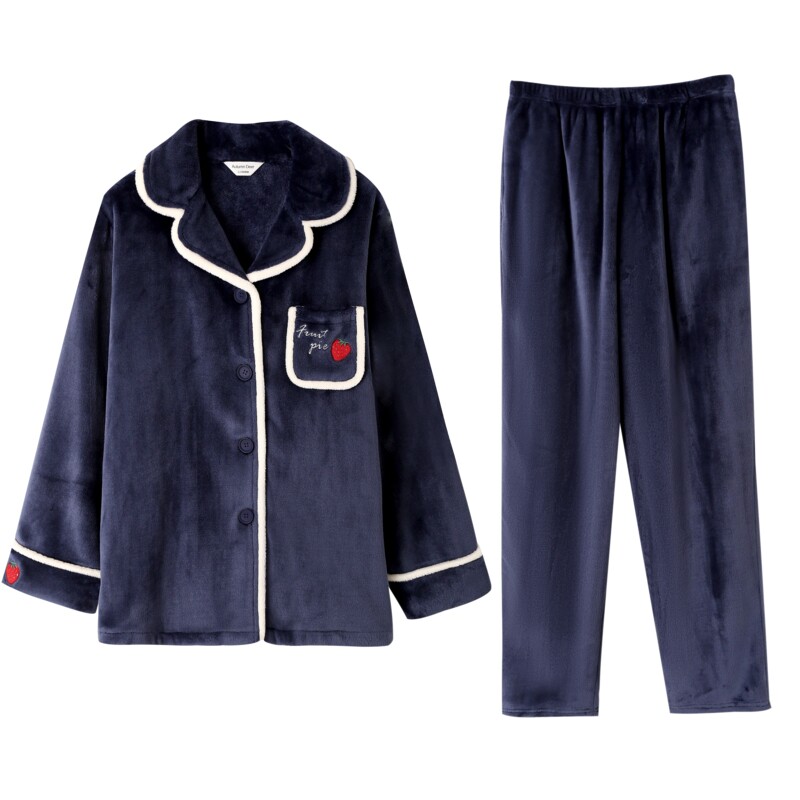 秋鹿【抗静电】秋冬珊瑚绒加厚家居服保暖甜美草莓法兰绒睡衣女