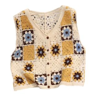 复古拼色格子花朵镂空针织马甲背心女2025夏季v领外搭叠穿开衫薄