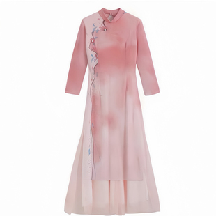 古典舞旗袍式练功服粉色渐变纱衣飘逸身韵演出表演服舞蹈服