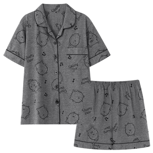 自嘲熊睡衣男女夏季短袖情侣可爱开衫网红风纯棉灰色高级感家居服