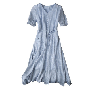 凸显小蛮腰~法式V领晕染不规则波点印花高腰显瘦中长A字连衣裙夏