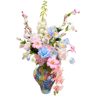 wo+仿真手感保湿花家居摆设粉色绣球玫瑰郁金香花束陶瓷花瓶插花
