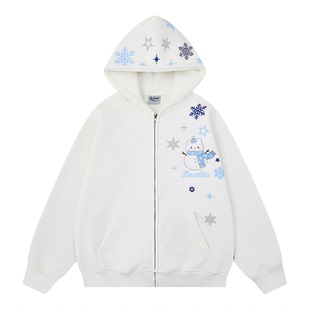 美式围巾雪花刺绣连帽加绒卫衣女春季宽松慵懒风休闲情侣开衫外套