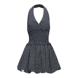 it:5cm格纹挂脖短款连衣裙V领女收褶束腰高腰蓬蓬百褶显瘦短裙子