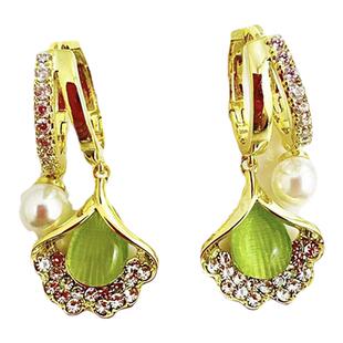 绿色猫眼石珍珠耳扣小众设计感银杏叶耳坠气质轻奢耳环高级感耳饰