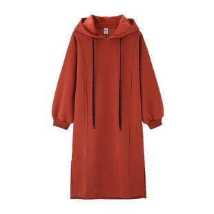 mc2加绒长款连帽卫衣裙女2025冬过膝酒红色针织连衣裙时尚打底裙