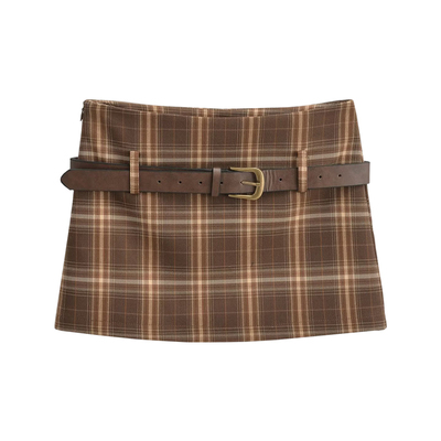美式复古格纹半身裙短裙含腰带
