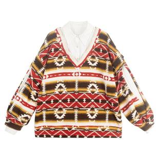 KEIKO 费尔岛风情羊羔绒卫衣女25秋冬复古撞色假两件式polo领外套