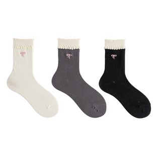 黑色袜子春夏季刺绣蝴蝶结甜美少女中筒袜可爱配乐福鞋的袜子