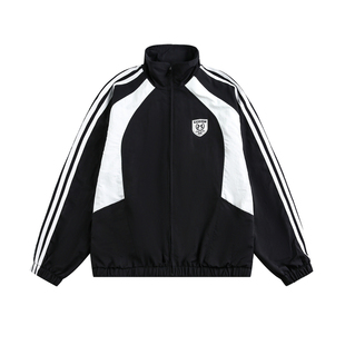 NEVERNEED撞色条纹立领夹克男女春季美式潮牌刺绣学院风开衫外套