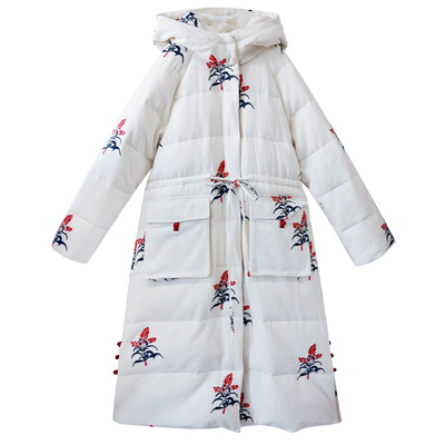 棉麻刺绣羽绒服女冬中长款棉服
