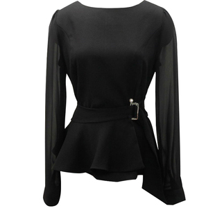 早春上衣女别致设计感显瘦雪纺袖T恤百搭洋气收腰荷叶下摆打底衫