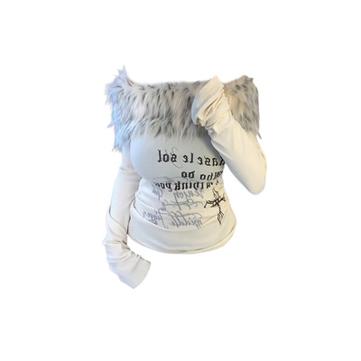 美式辣妹一字肩毛领设计长袖T恤