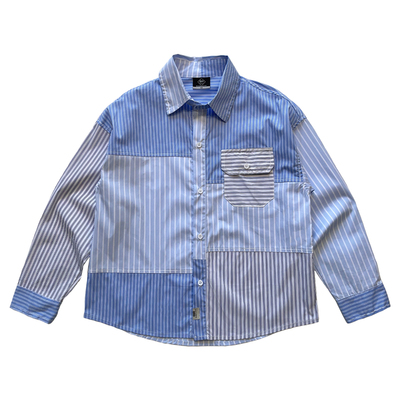 JUSTIN春季拼接蓝条纹少年感衬衫