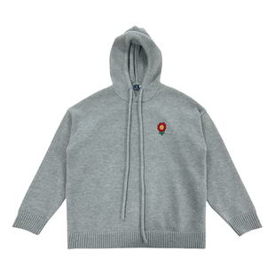 黑喵像素 秋冬小花刺绣宽松休闲连帽针织毛衣套头上衣慵懒风