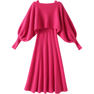 本期宝藏~可斜肩一字领羊绒衫女纯羊绒毛衣长款吊带连衣裙子套装