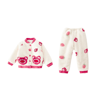 儿童三层夹棉睡衣冬季女孩女童珊瑚绒保暖家居服宝宝加厚卡通套装