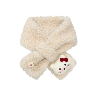 酒红色可爱Kitty猫羊羔绒交叉围脖女冬季加厚防寒保暖护颈小围巾