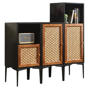 实木藤编三斗柜中古侘寂风高低组合柜收纳柜储物柜小型书柜玄关柜