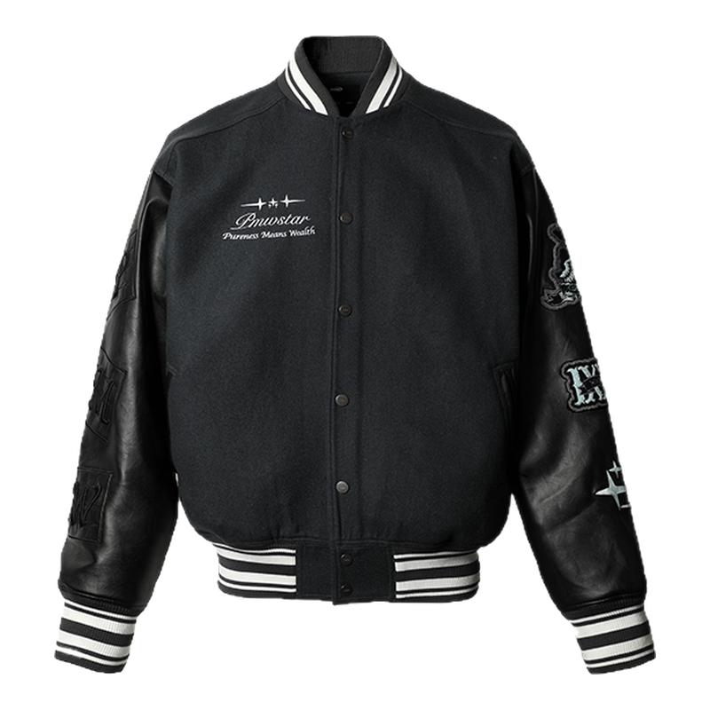PMW 明星同款复古做旧羊毛LOGO拼色棒球服美式休闲百搭夹克外套