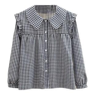 格子衬衫女长袖春秋新款韩版学生宽松洋气娃娃领衬衣外穿法式上衣